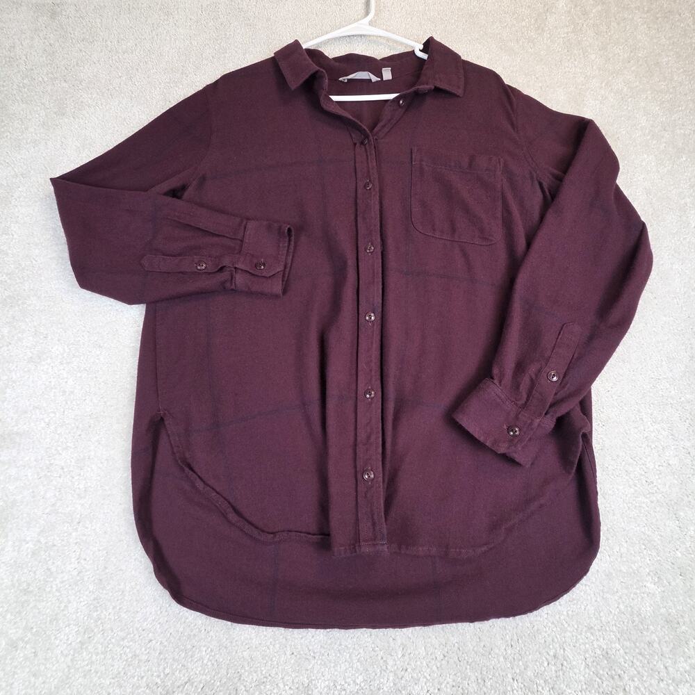 Athleta Heat-Tech Flannel Button Down Shirt Cassis‎ Navy Plaid Womens Size L